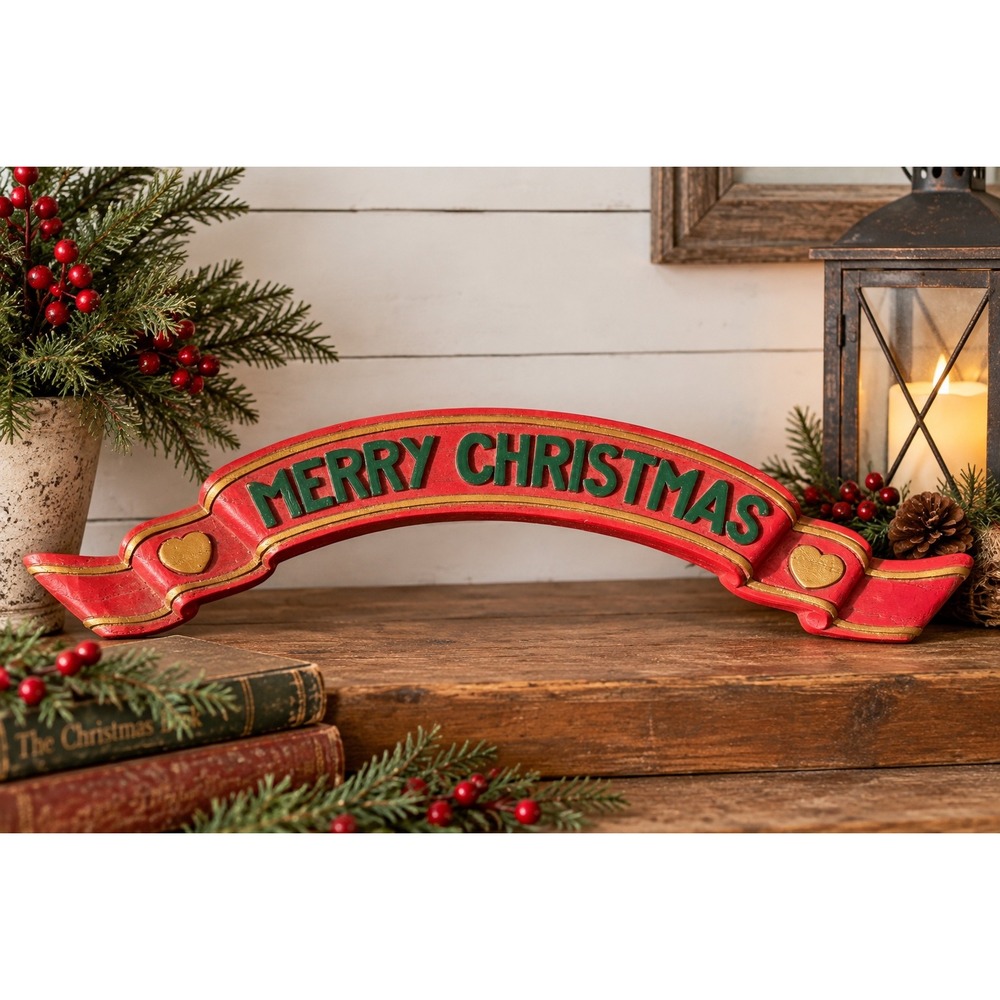 Vintage Homco Merry Christmas Wall Plaque Red Gold Banner Sign 7503 Holiday
